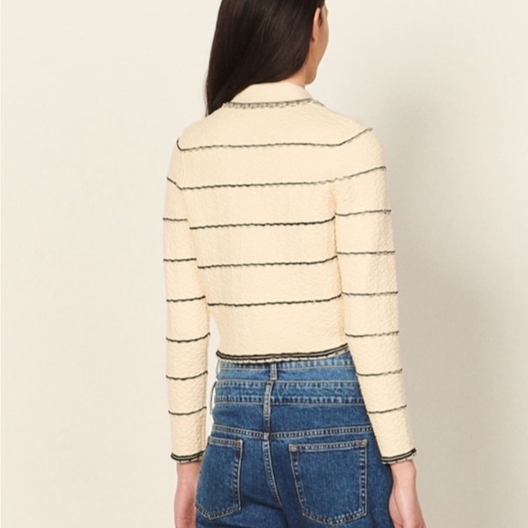 Sandro Cropped Jacket, Cream with Black Stripe and Pearl Buttons. Large. New. - Picture 6 of 15